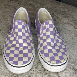 Lavender colored checkered slip on vans